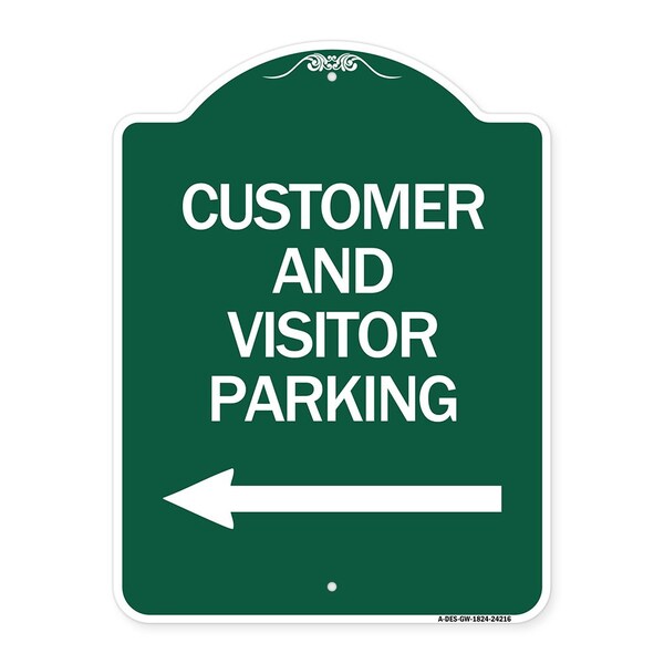 Customer and Visitor Parking W/ Left Arrow, Green & White Aluminum Sign, 18" x 24", GW-1824-24216